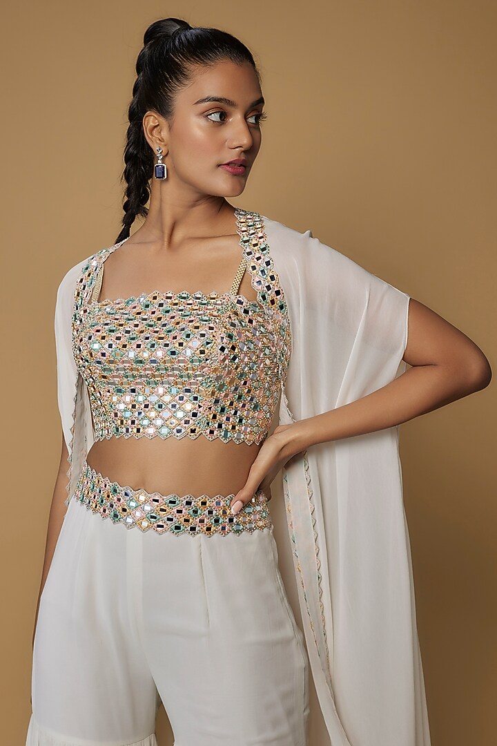 Ivory Raw Silk & Georgette Embroidered Cape Set by Kresha Lulla at Pernia's Pop Up Shop