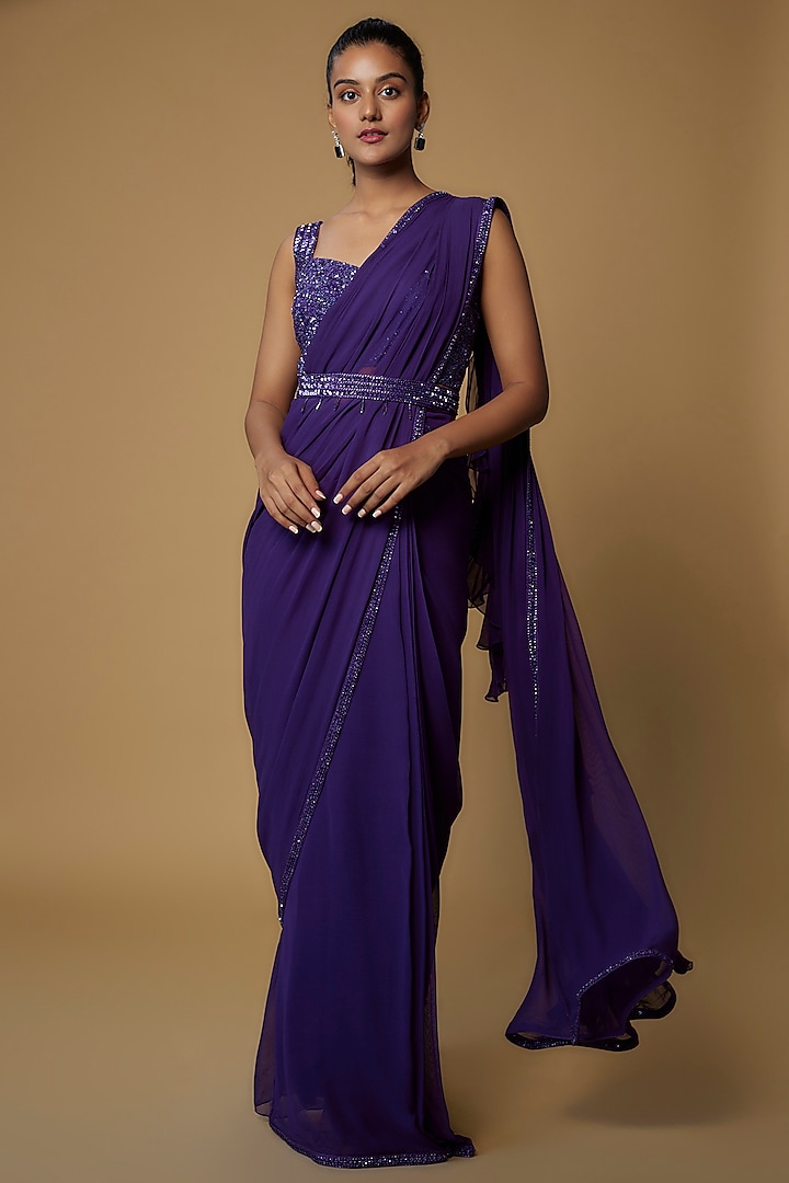 Purple Georgette Embroidered Ruffled Saree Set by Kresha Lulla