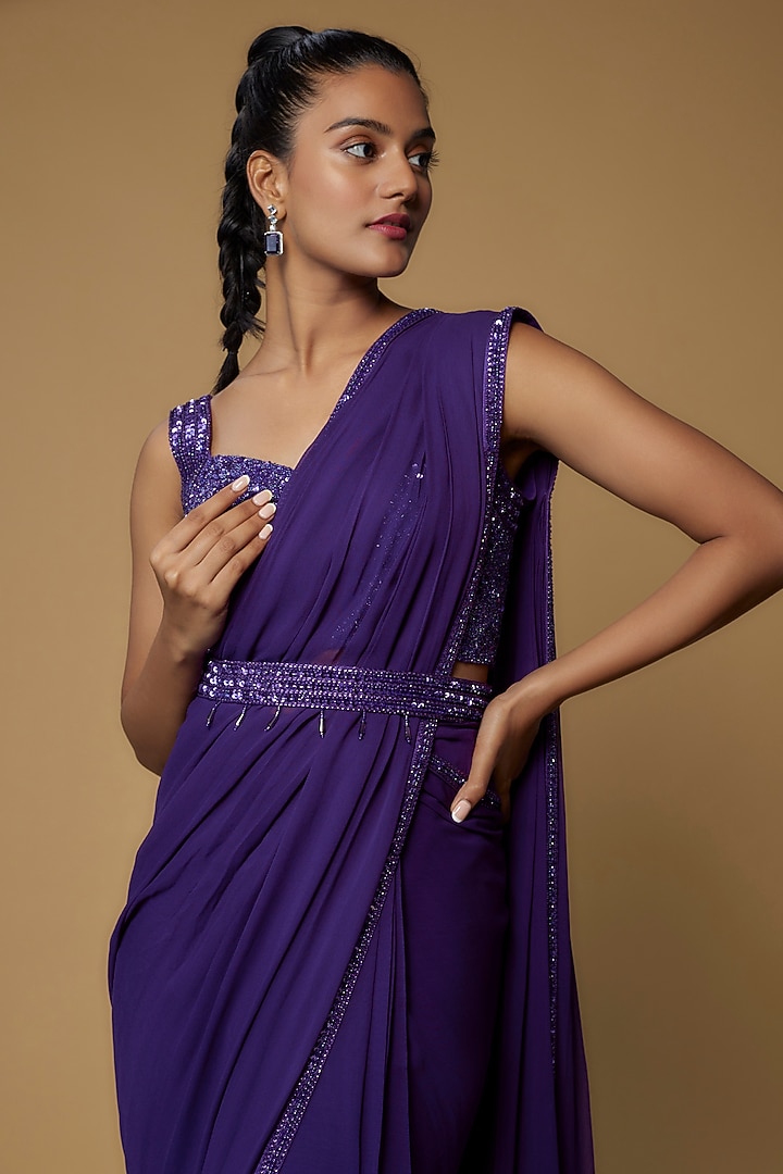 Purple Georgette Embroidered Ruffled Reception Saree Set by Kresha Lulla at Pernia's Pop Up Shop