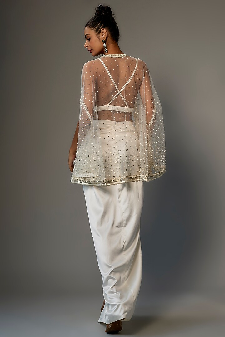 Ivory Net Embroidered Cape Set by Kresha Lulla at Pernia's Pop Up Shop