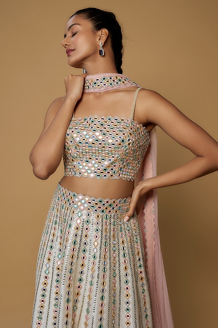 Ivory Raw Silk & Net Embroidered Wedding Lehenga Set by Kresha Lulla at Pernia's Pop Up Shop