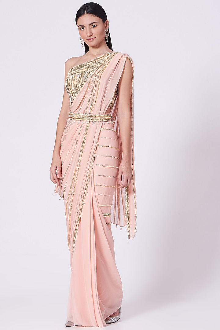 Peach Pink Sequins Embroidered Pre-Stitched Saree Set by Kresha Lulla