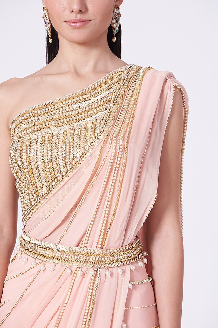 Peach Pink Sequins Embroidered Pre-Stitched Wedding Saree Set by Kresha Lulla at Pernia's Pop Up Shop