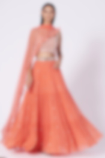 Orange Embroidered Tiered Flowy Wedding Lehenga Set by Kresha Lulla at Pernia's Pop Up Shop