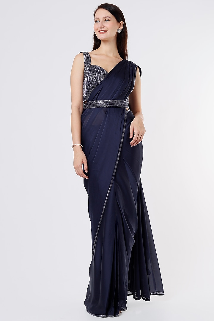Navy Blue Embroidered Wedding Saree Set by Kresha Lulla at Pernia's Pop Up Shop