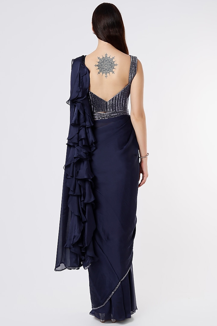 Navy Blue Embroidered Wedding Saree Set by Kresha Lulla at Pernia's Pop Up Shop