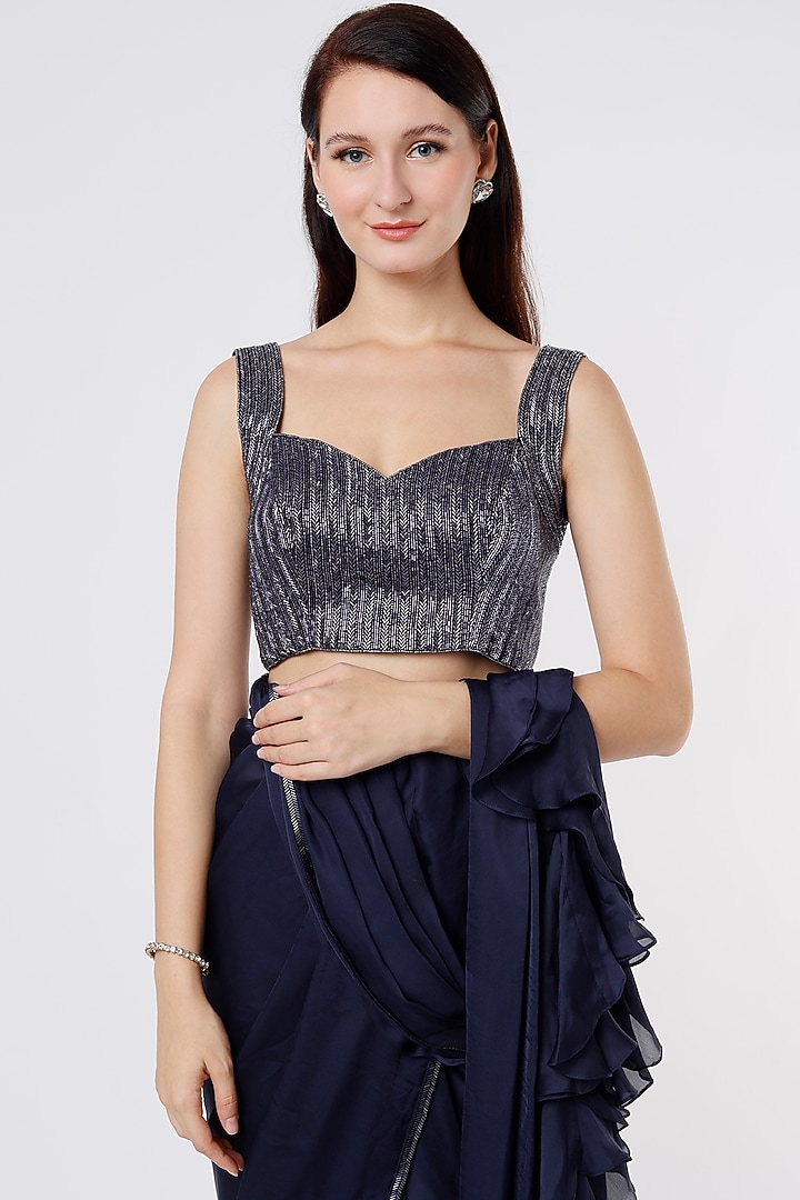 Navy Blue Embroidered Wedding Saree Set by Kresha Lulla at Pernia's Pop Up Shop