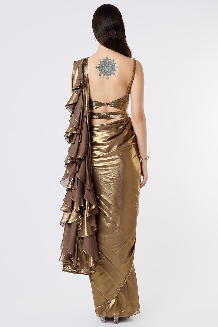 Gold Satin Georgette & Raw Silk Ruffled Wedding Saree Set by Kresha Lulla at Pernia's Pop Up Shop