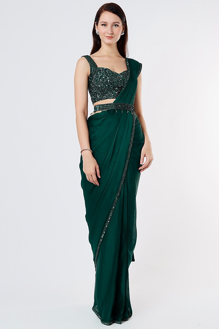 Dark Green Embroidered Wedding Saree Set by Kresha Lulla at Pernia's Pop Up Shop