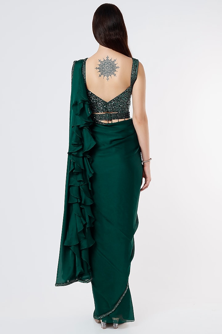 Dark Green Embroidered Wedding Saree Set by Kresha Lulla at Pernia's Pop Up Shop