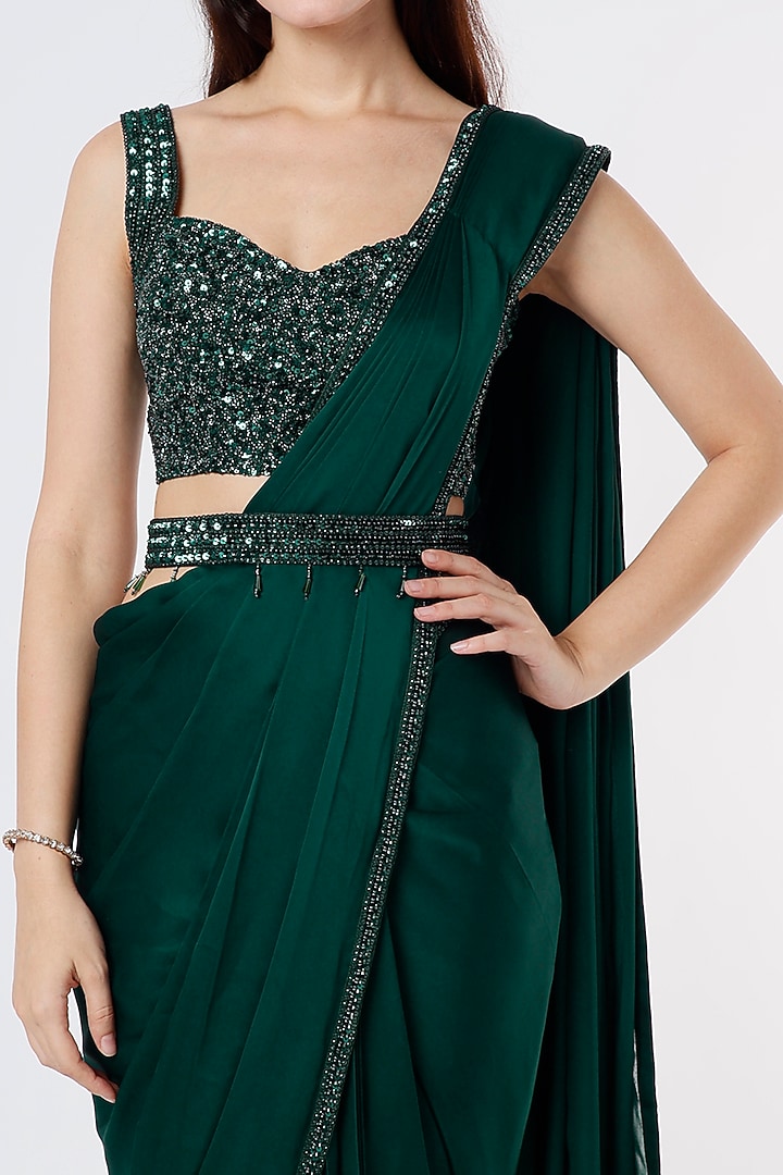 Dark Green Embroidered Wedding Saree Set by Kresha Lulla at Pernia's Pop Up Shop
