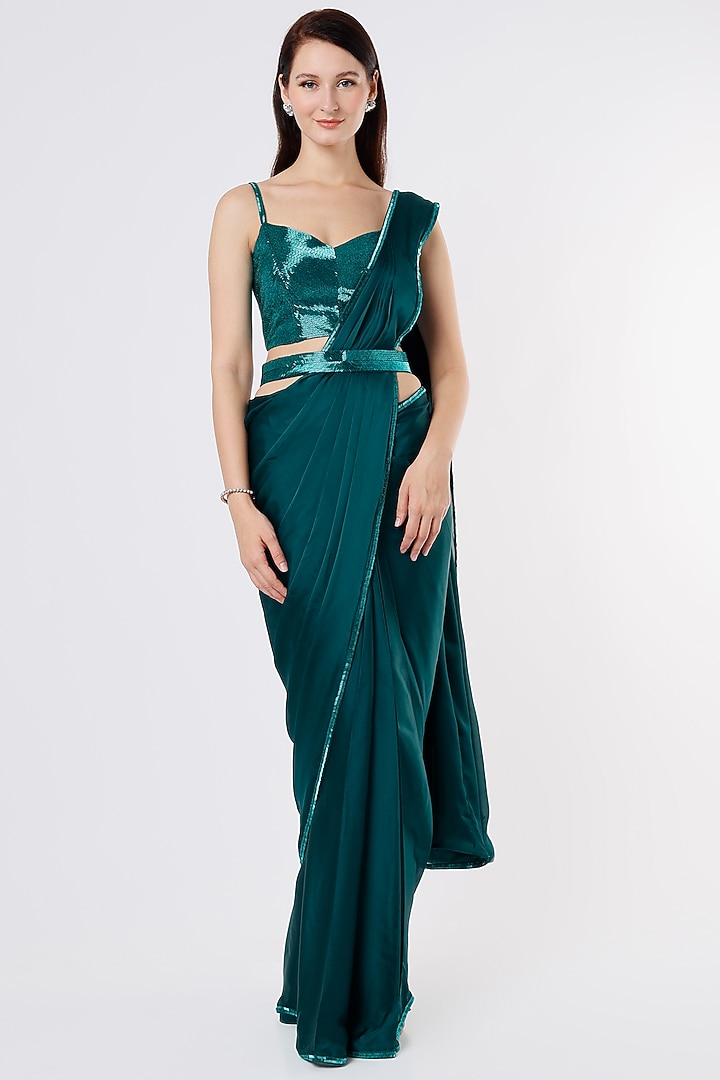 Teal Green Satin Wedding Saree Set by Kresha Lulla at Pernia's Pop Up Shop