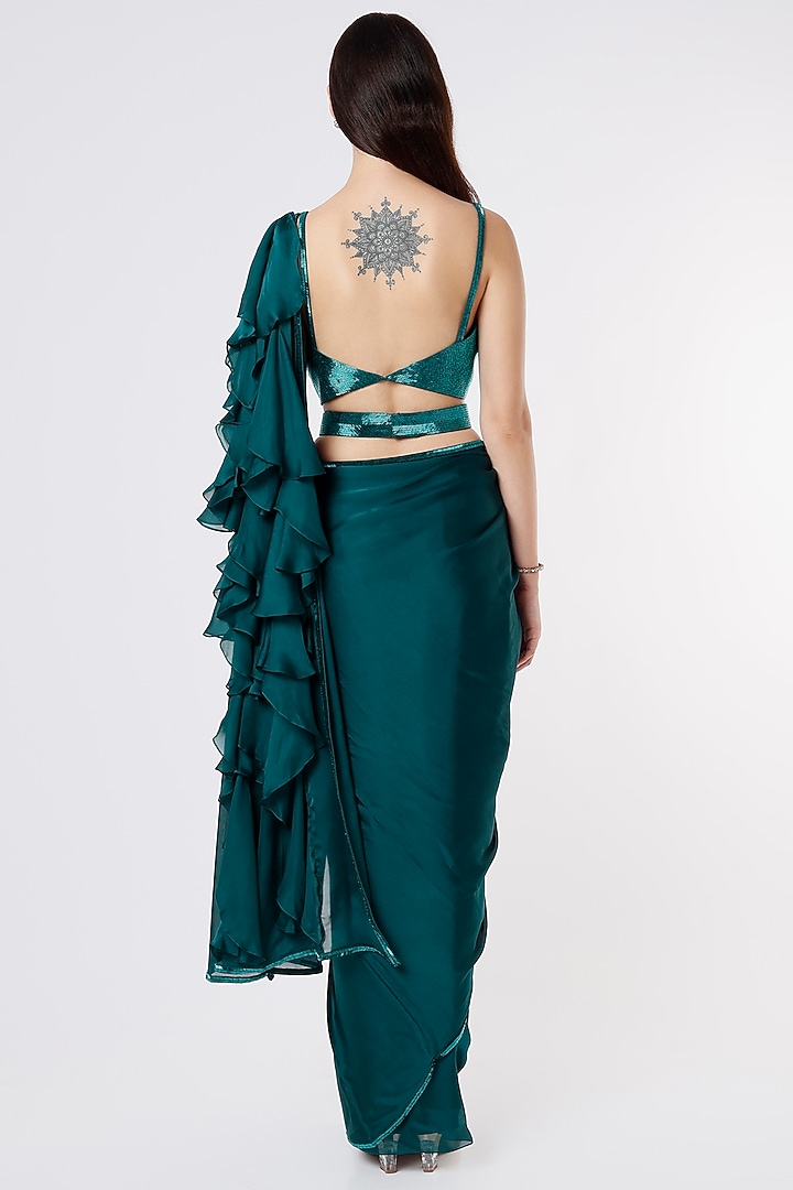 Teal Green Satin Wedding Saree Set by Kresha Lulla at Pernia's Pop Up Shop