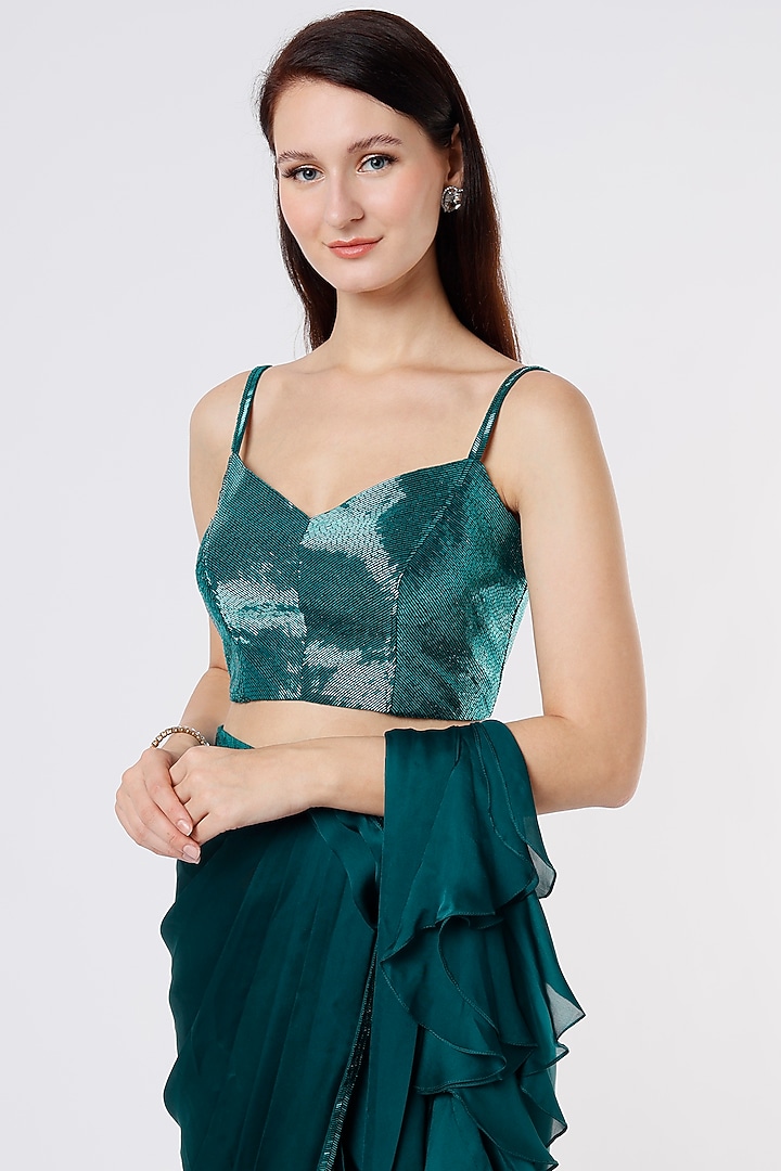 Teal Green Satin Wedding Saree Set by Kresha Lulla at Pernia's Pop Up Shop
