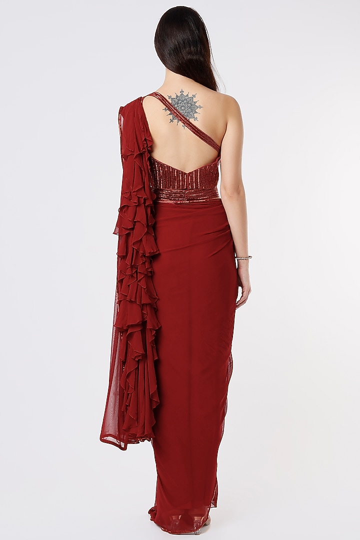 Maroon Silk & Georgette Wedding Saree Set by Kresha Lulla at Pernia's Pop Up Shop
