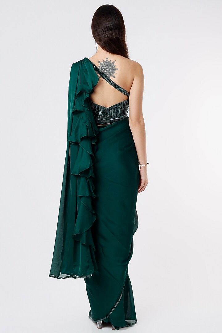 Dark Green Satin Georgette Ruffled Wedding Saree Set by Kresha Lulla at Pernia's Pop Up Shop