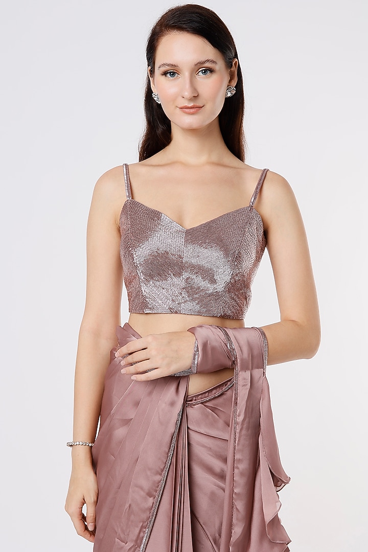 Dusty Rose Pink Satin Wedding Saree Set by Kresha Lulla at Pernia's Pop Up Shop