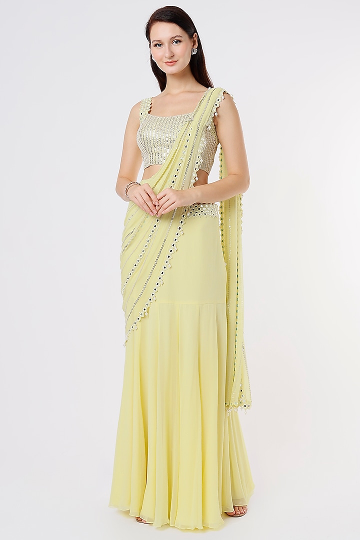 Lemon Yellow Embroidered Saree Set by Kresha Lulla at Pernia's Pop Up Shop