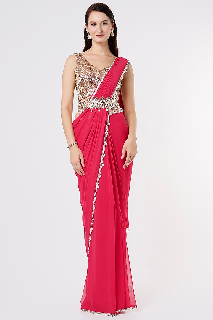 Rani Pink Pre-Stitched Wedding Saree Set by Kresha Lulla at Pernia's Pop Up Shop