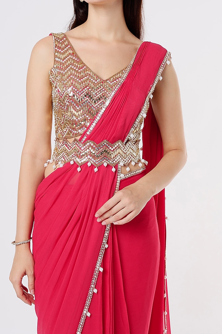 Rani Pink Pre-Stitched Wedding Saree Set by Kresha Lulla at Pernia's Pop Up Shop