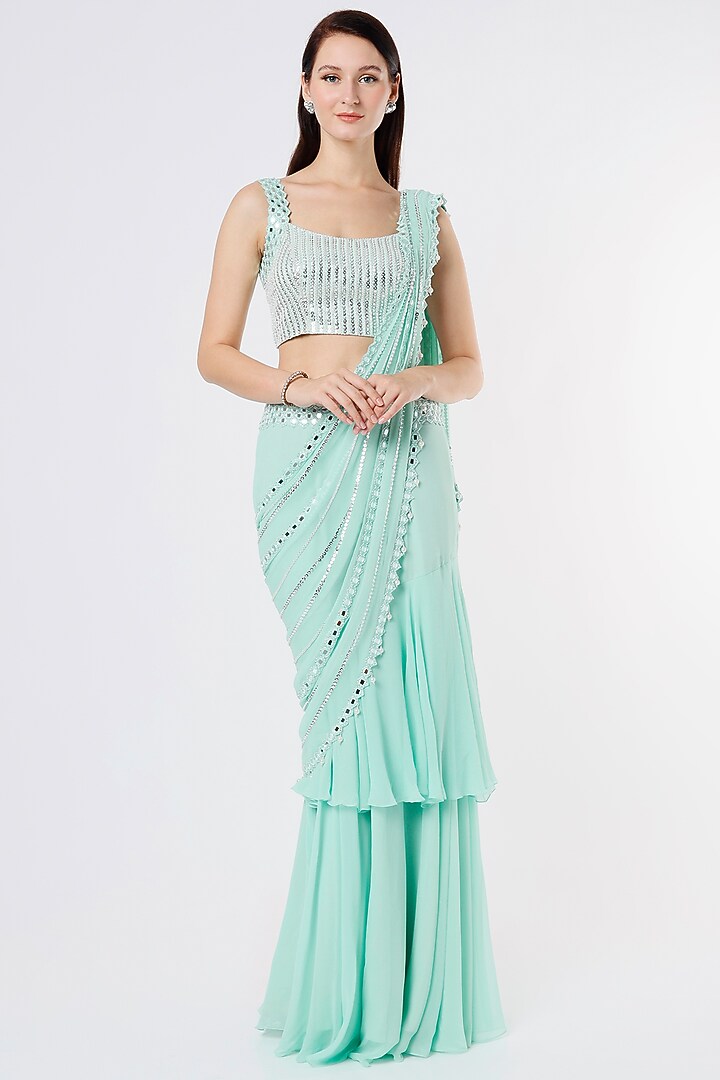 Aqua Blue Embroidered Wedding Saree Set by Kresha Lulla at Pernia's Pop Up Shop