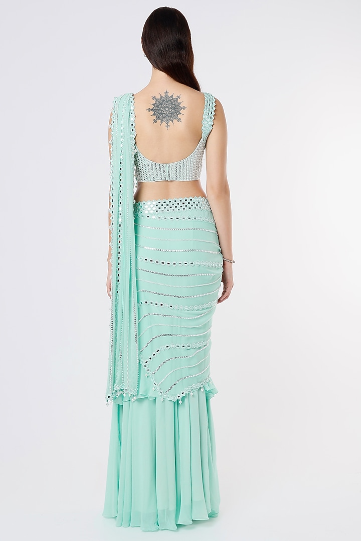 Aqua Blue Embroidered Wedding Saree Set by Kresha Lulla at Pernia's Pop Up Shop