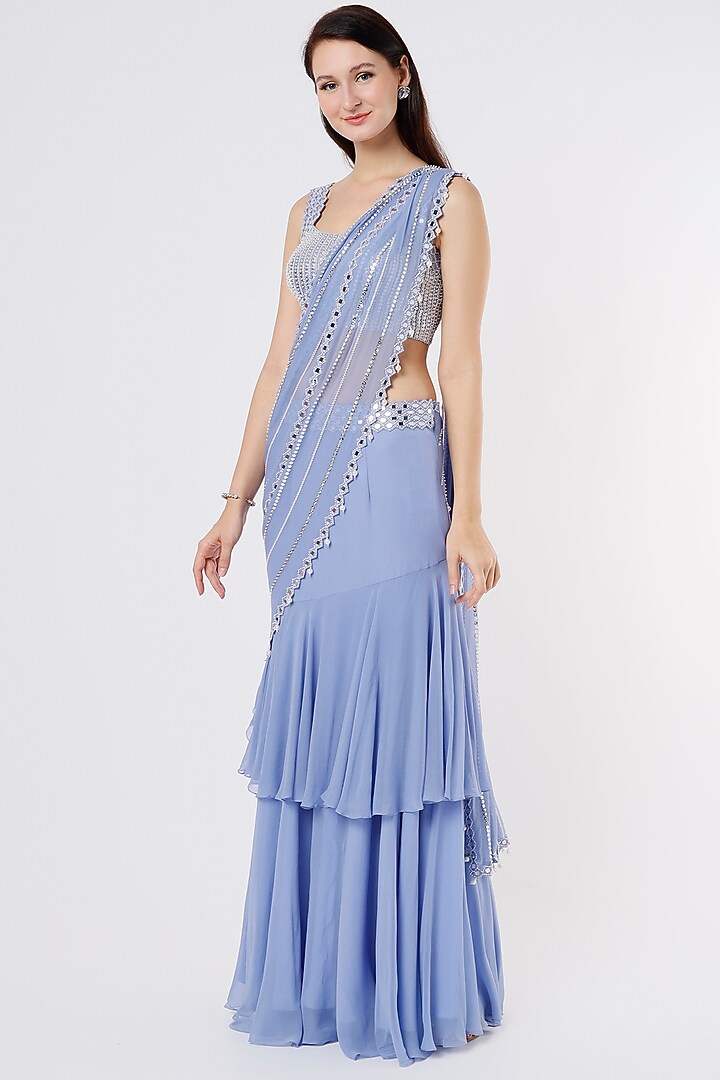 Periwinkle Blue Embroidered Wedding Saree Set by Kresha Lulla at Pernia's Pop Up Shop