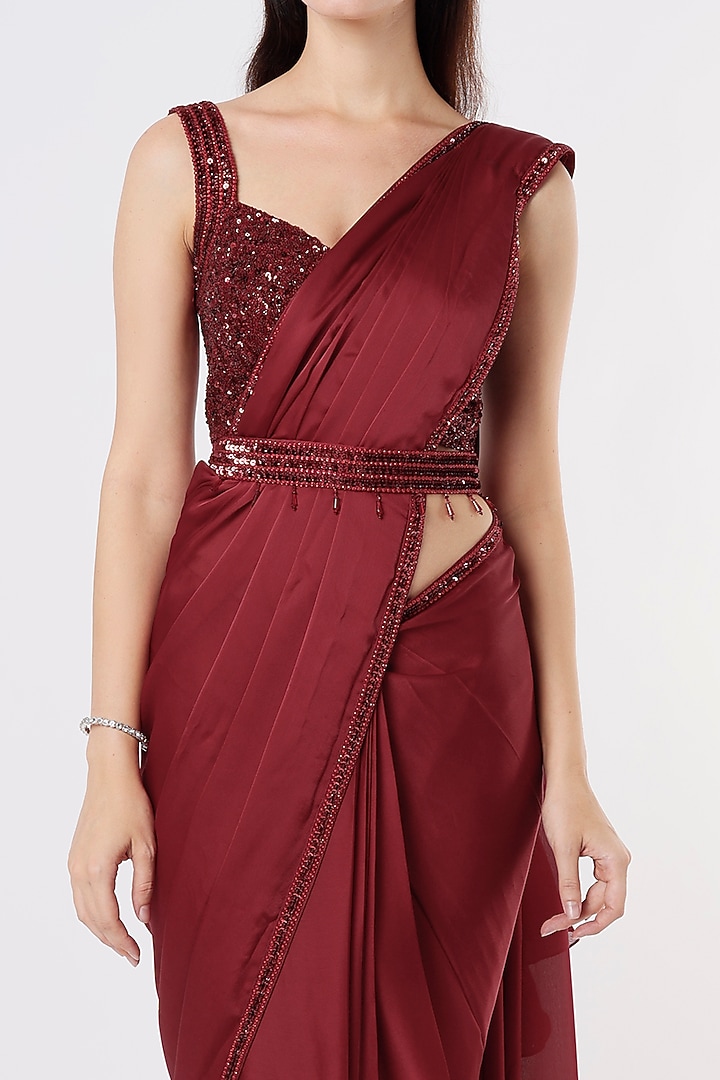 Maroon Embroidered Wedding Saree Set by Kresha Lulla at Pernia's Pop Up Shop
