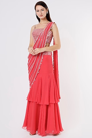 Bright Pink Embroidered Saree Set by Kresha Lulla