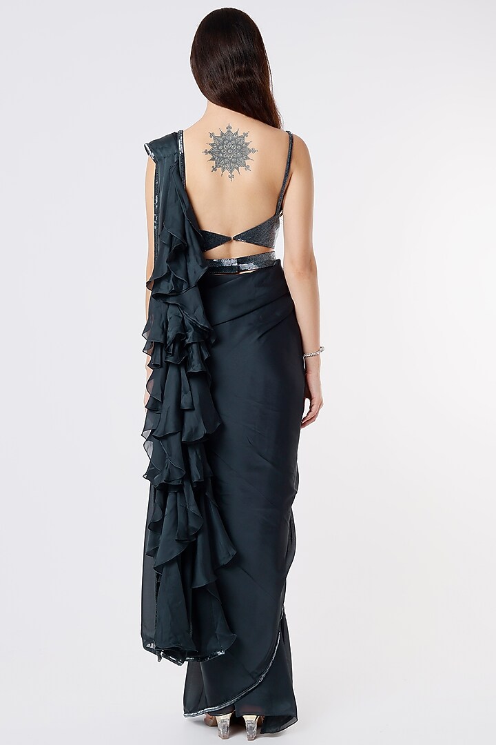 Charcoal Grey Satin Wedding Saree Set by Kresha Lulla at Pernia's Pop Up Shop