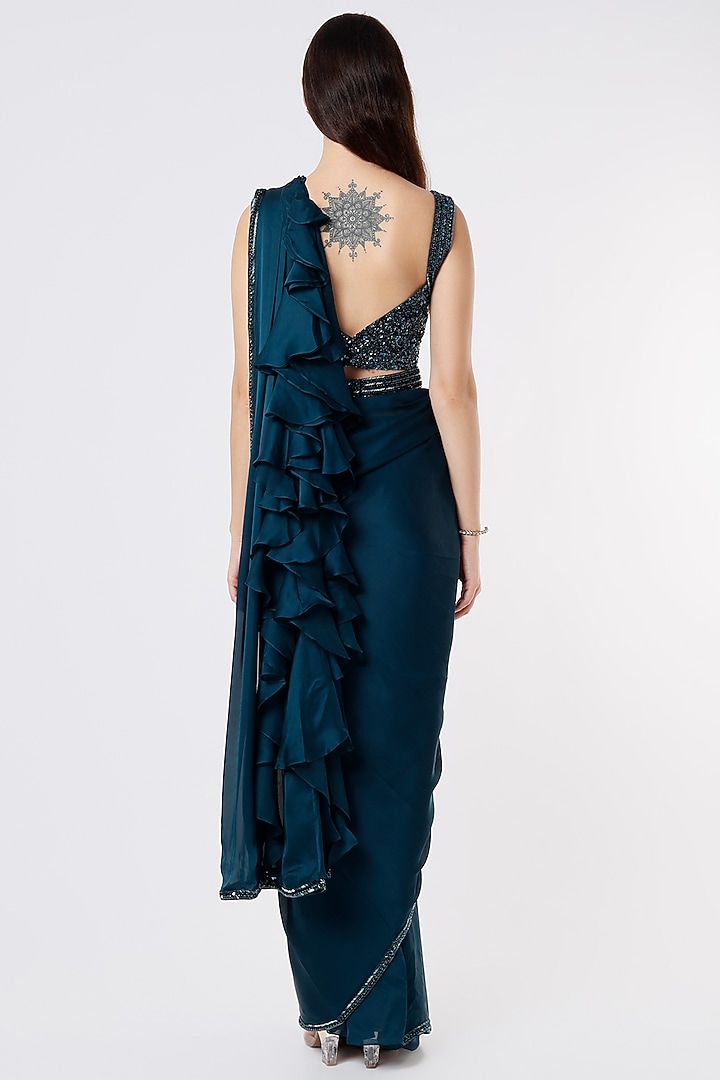 Uniform Blue Embroidered Wedding Saree Set by Kresha Lulla at Pernia's Pop Up Shop