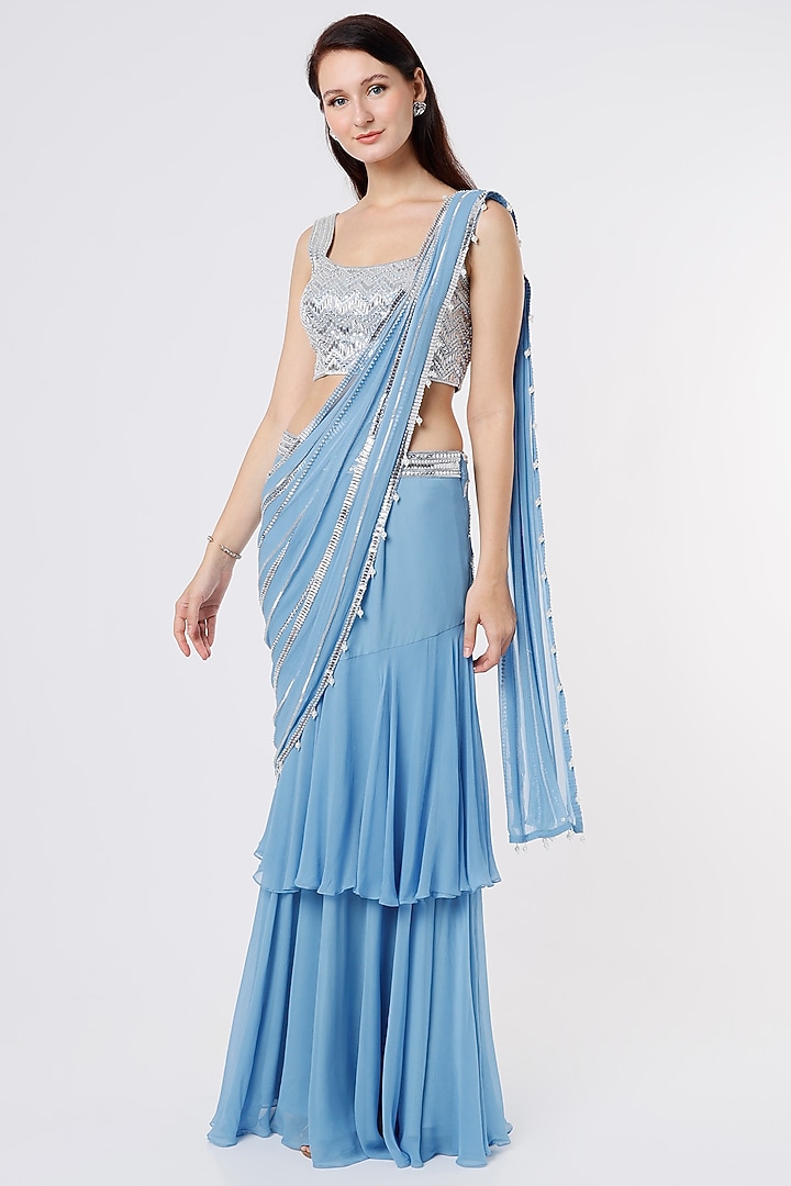 Firozi Georgette Tiered Wedding Saree Set by Kresha Lulla at Pernia's Pop Up Shop