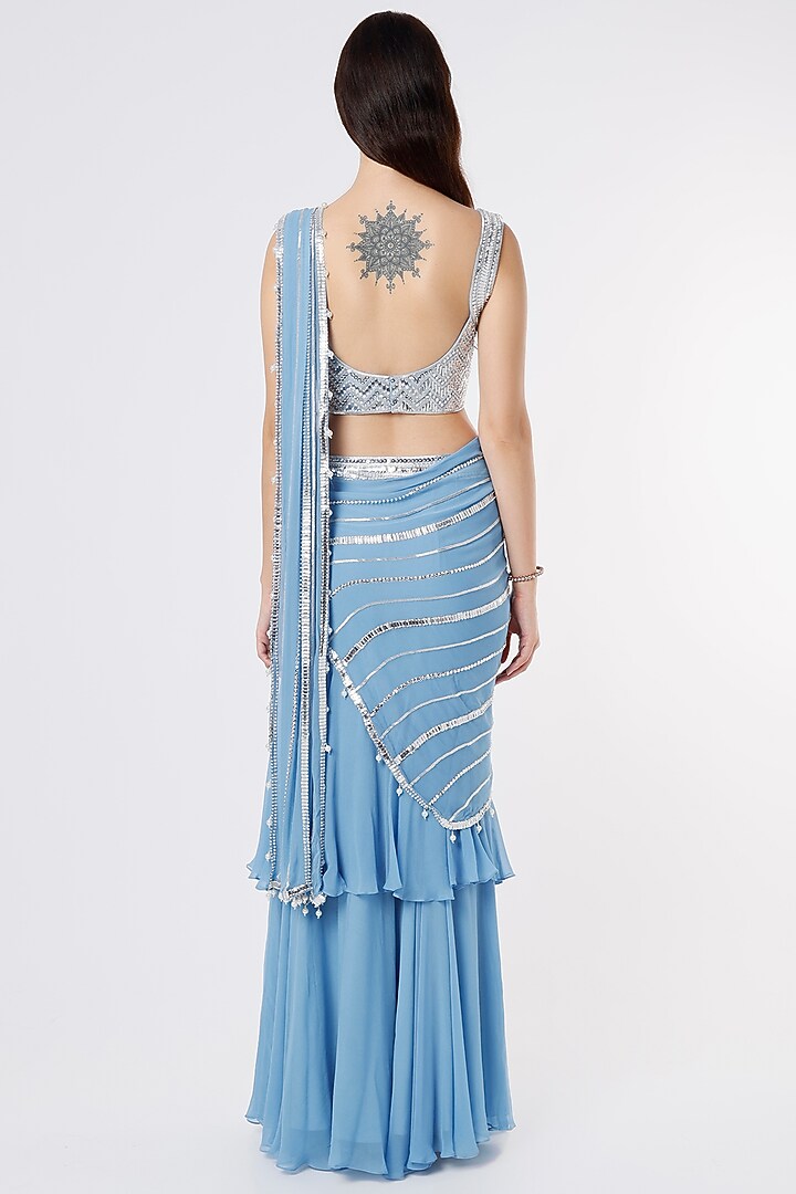 Firozi Georgette Tiered Wedding Saree Set by Kresha Lulla at Pernia's Pop Up Shop