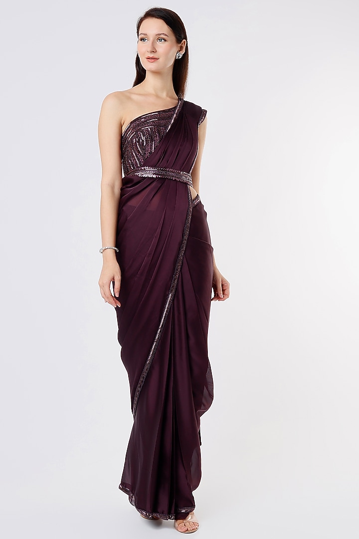 Purple Satin Wedding Saree Set by Kresha Lulla at Pernia's Pop Up Shop