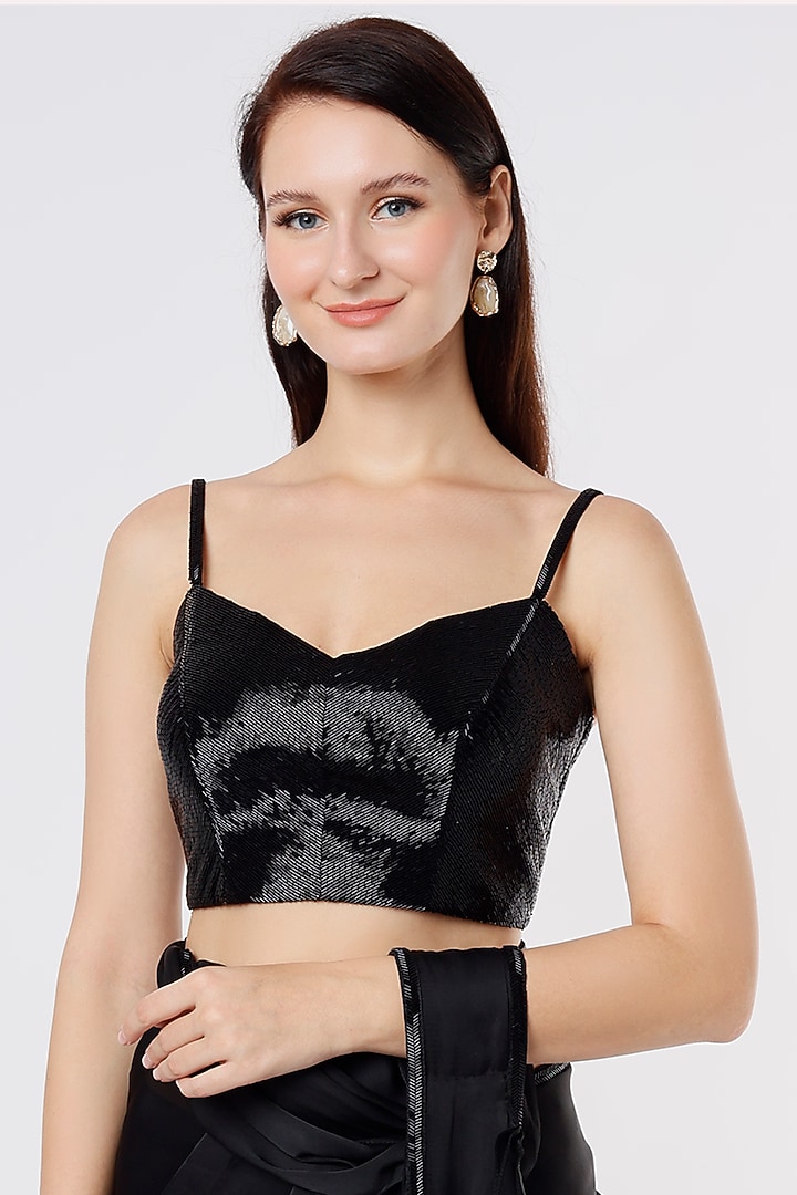 Black Satin Wedding Saree Set With Belt by Kresha Lulla at Pernia's Pop Up Shop