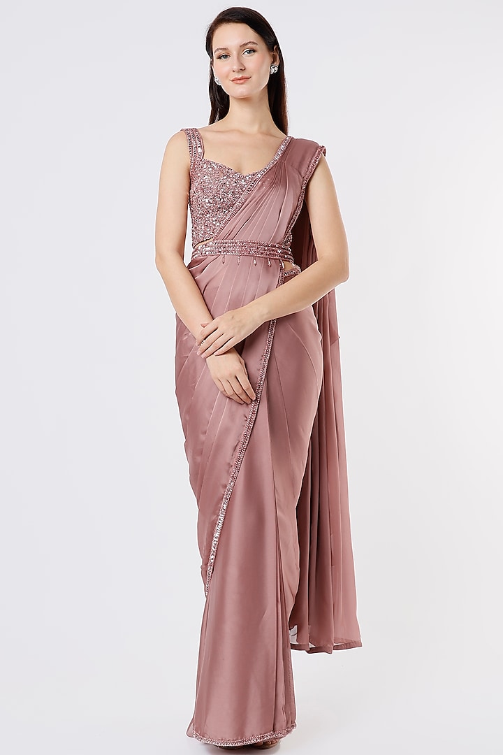Dusty Rose Pink Embroidered Wedding Saree Set by Kresha Lulla at Pernia's Pop Up Shop