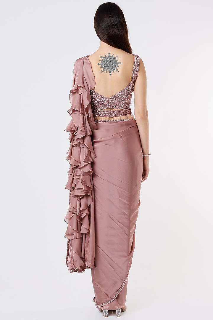 Dusty Rose Pink Embroidered Wedding Saree Set by Kresha Lulla at Pernia's Pop Up Shop