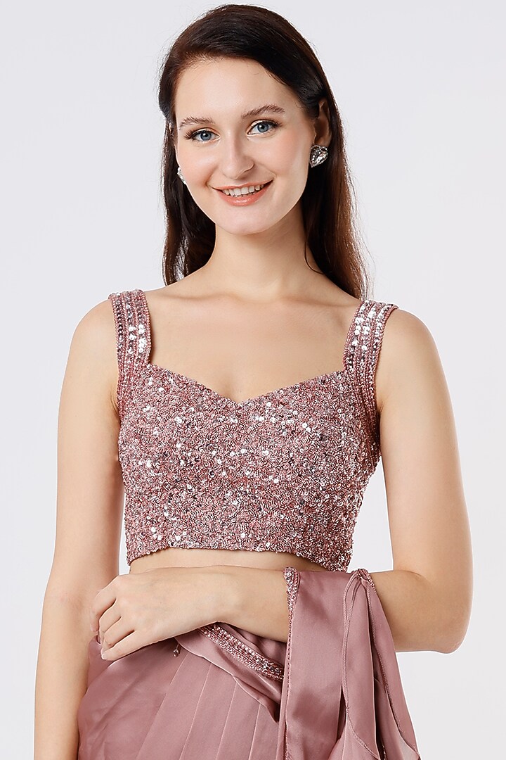 Dusty Rose Pink Embroidered Wedding Saree Set by Kresha Lulla at Pernia's Pop Up Shop