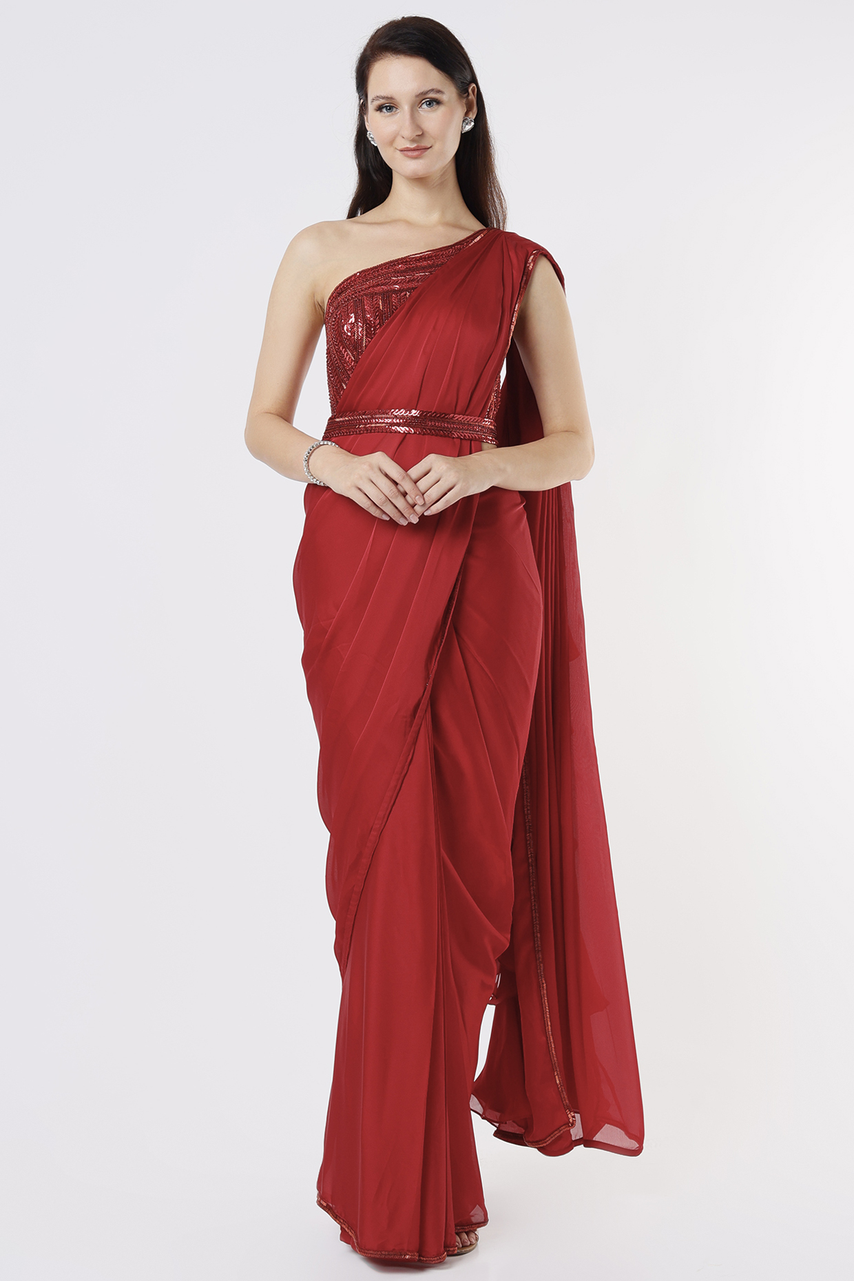 Red Satin Wedding Saree Set by Kresha Lulla at Pernia's Pop Up Shop