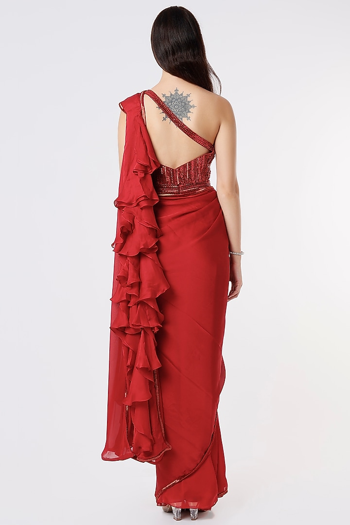 Red Satin Wedding Saree Set by Kresha Lulla at Pernia's Pop Up Shop