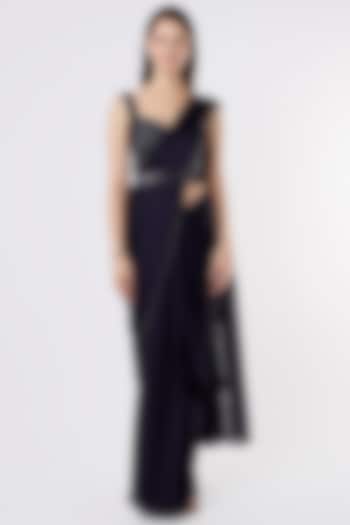 Navy Blue Wedding Saree Set With Embroidery by Kresha Lulla at Pernia's Pop Up Shop