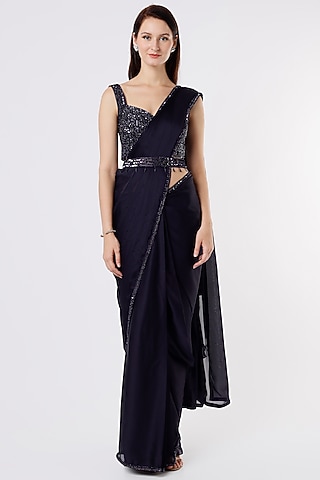 Navy Blue Saree Set With Embroidery by Kresha Lulla