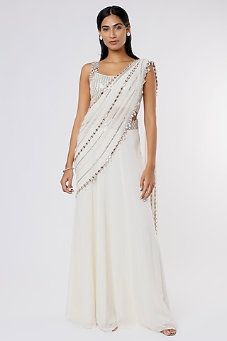 Ivory Lehenga Saree Set With Mirror Work by Kresha Lulla
