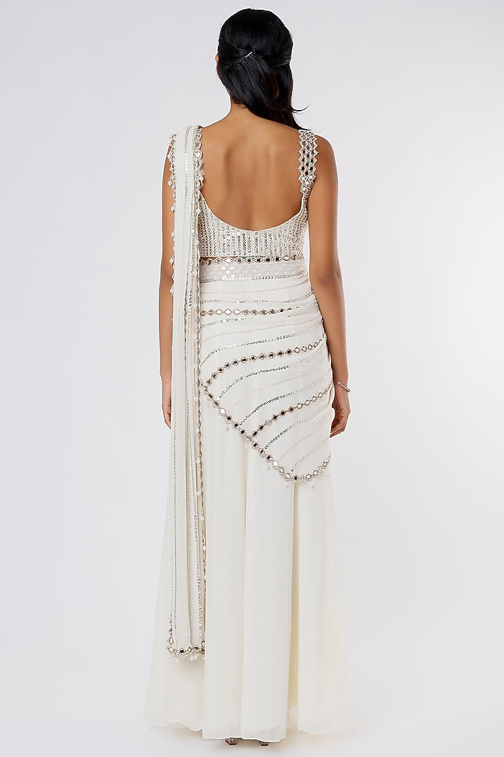 Ivory Wedding Lehenga Saree Set With Mirror Work by Kresha Lulla at Pernia's Pop Up Shop