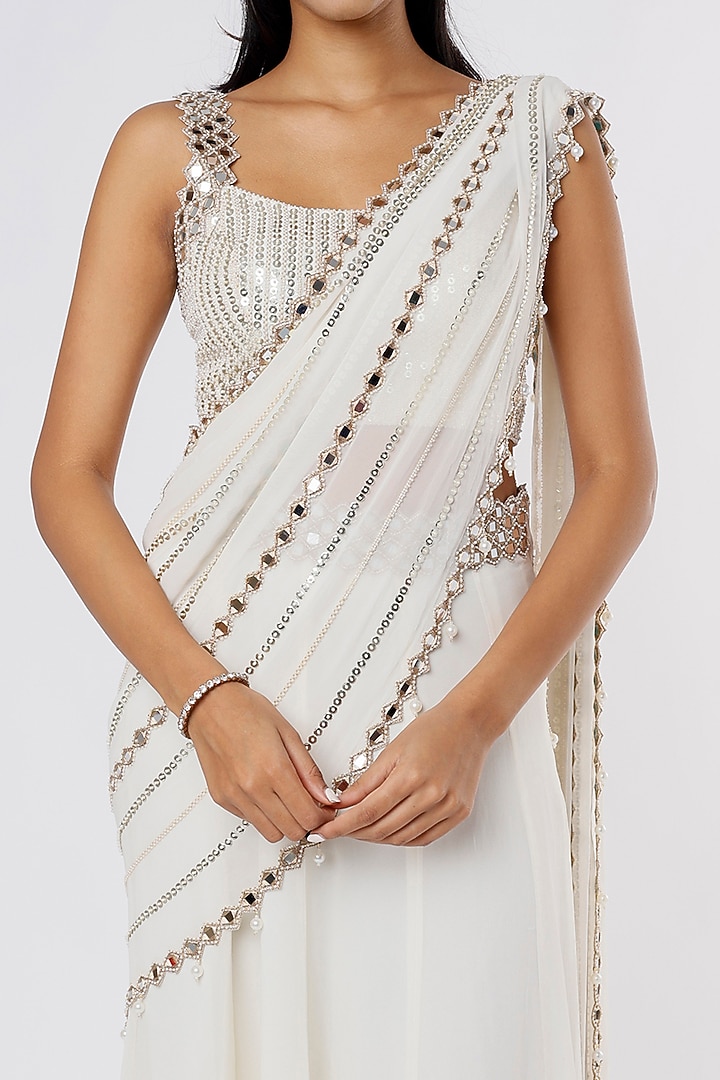 Ivory Wedding Lehenga Saree Set With Mirror Work by Kresha Lulla at Pernia's Pop Up Shop