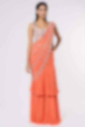 Orange Tiered Ruffled Saree Set With Mirror Work by Kresha Lulla at Pernia's Pop Up Shop