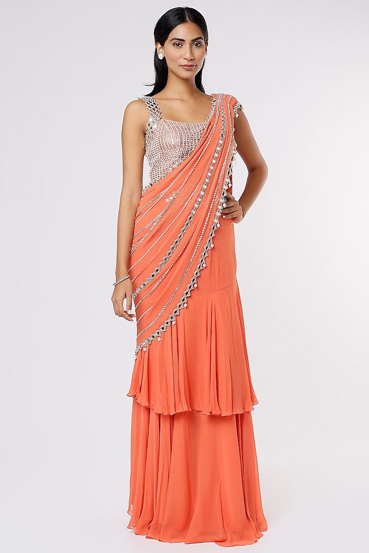 Orange Tiered Ruffled Saree Set With Mirror Work by Kresha Lulla at Pernia's Pop Up Shop