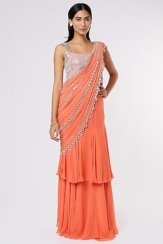Orange Tiered Ruffled Saree Set With Mirror Work by Kresha Lulla