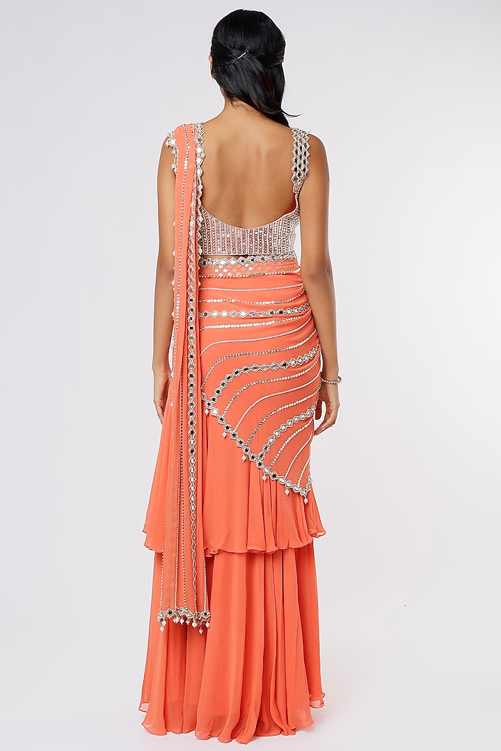 Orange Tiered Ruffled Wedding Saree Set With Mirror Work by Kresha Lulla at Pernia's Pop Up Shop