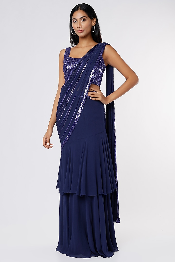 Royal Blue Tiered Ruffled Wedding Saree Set With Kashti Work by Kresha Lulla at Pernia's Pop Up Shop